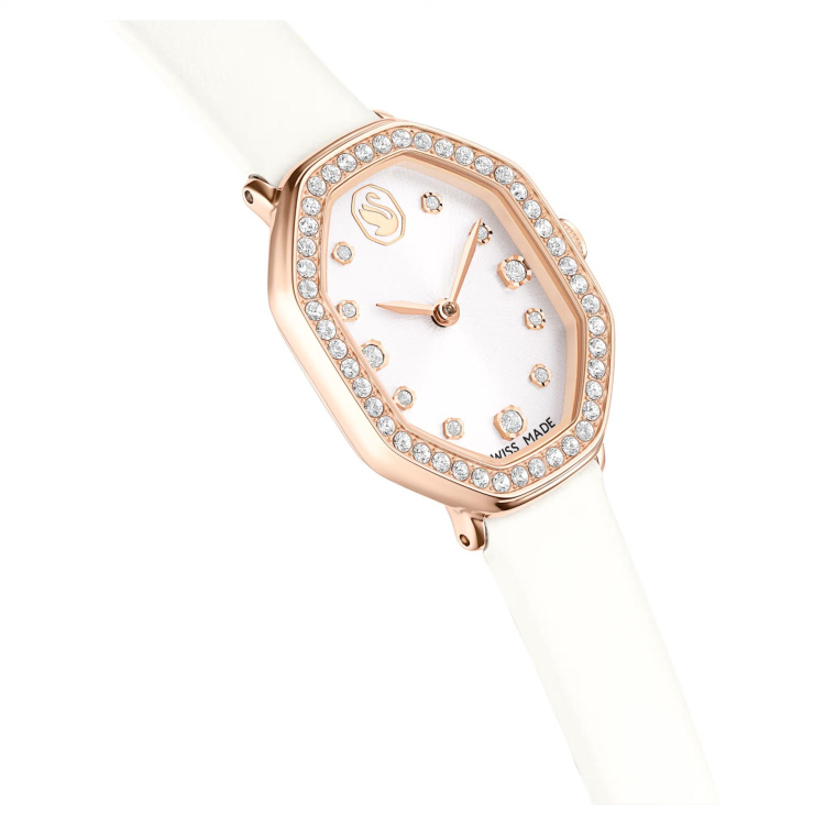Dextera octagon watch Swiss Made, Leather strap, White, Rose gold-tone finish